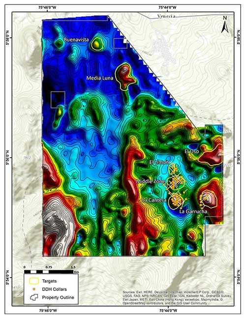 La Mina Project showing the Middle  Zone and La Cantera deposits and adjacent prospects.