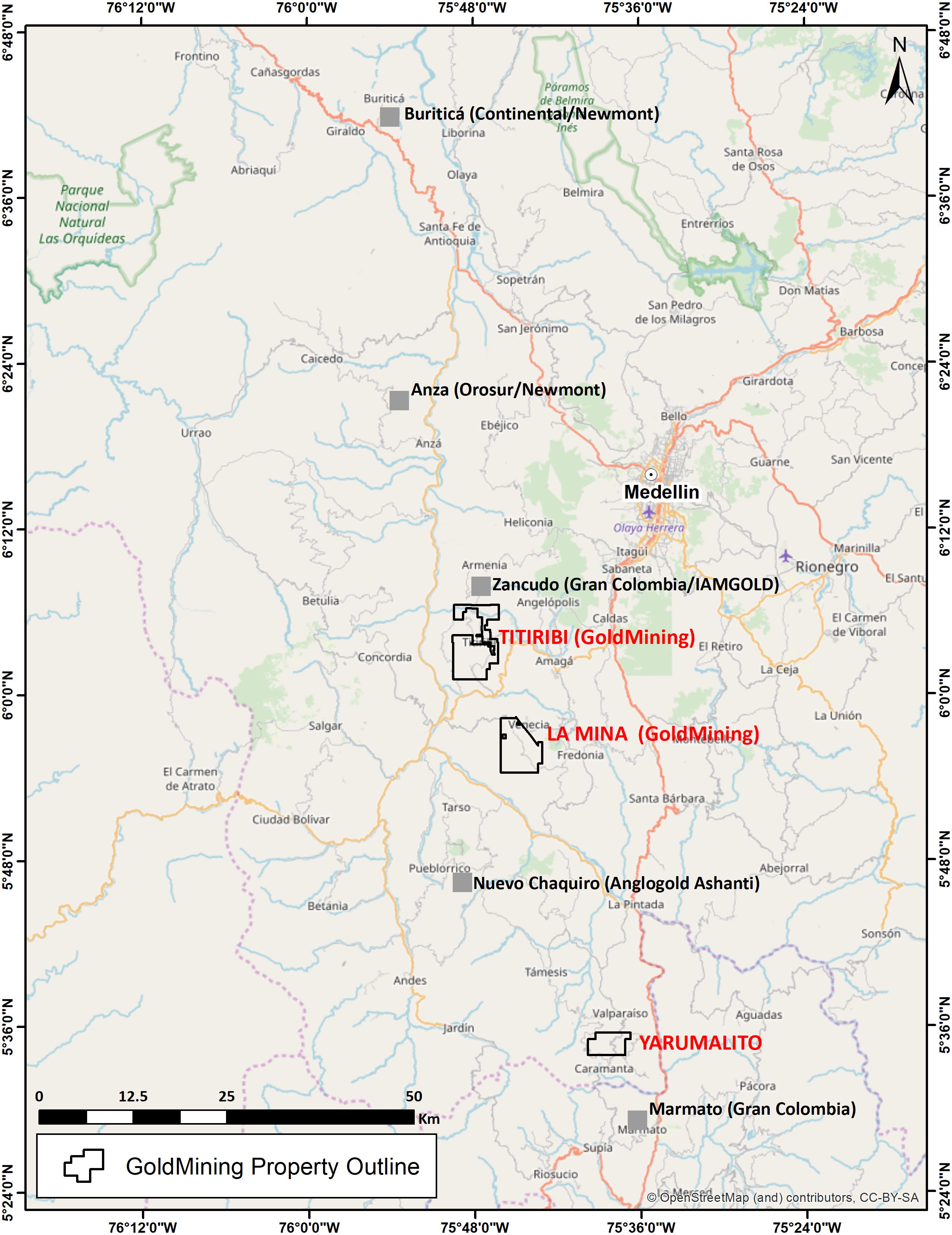 Figure 1: Yarumalito Project location and other active exploration projects and mines in the Mid Cauca Belt of central Colombia.
